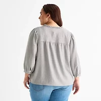 St. John's Bay Womens Plus V Neck 3/4 Sleeve Blouse