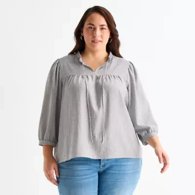 St. John's Bay Womens Plus V Neck 3/4 Sleeve Blouse