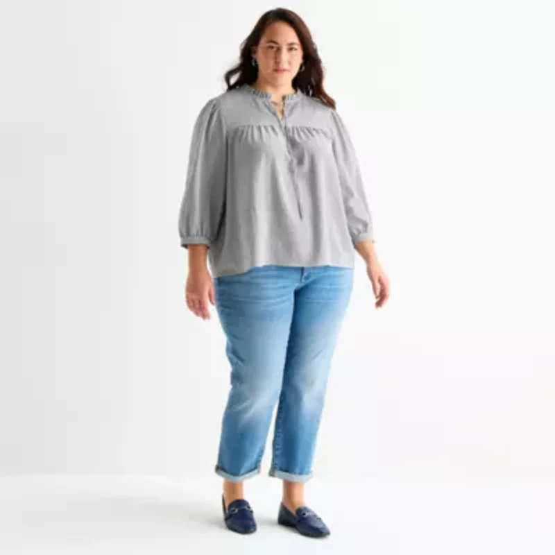 St. John's Bay Womens Plus V Neck 3/4 Sleeve Blouse