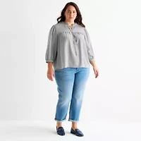 St. John's Bay Womens Plus V Neck 3/4 Sleeve Blouse