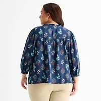St. John's Bay Womens Plus V Neck 3/4 Sleeve Blouse