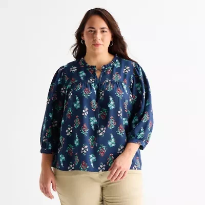 St. John's Bay Womens Plus V Neck 3/4 Sleeve Blouse