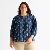 St. John's Bay Womens Plus V Neck 3/4 Sleeve Blouse