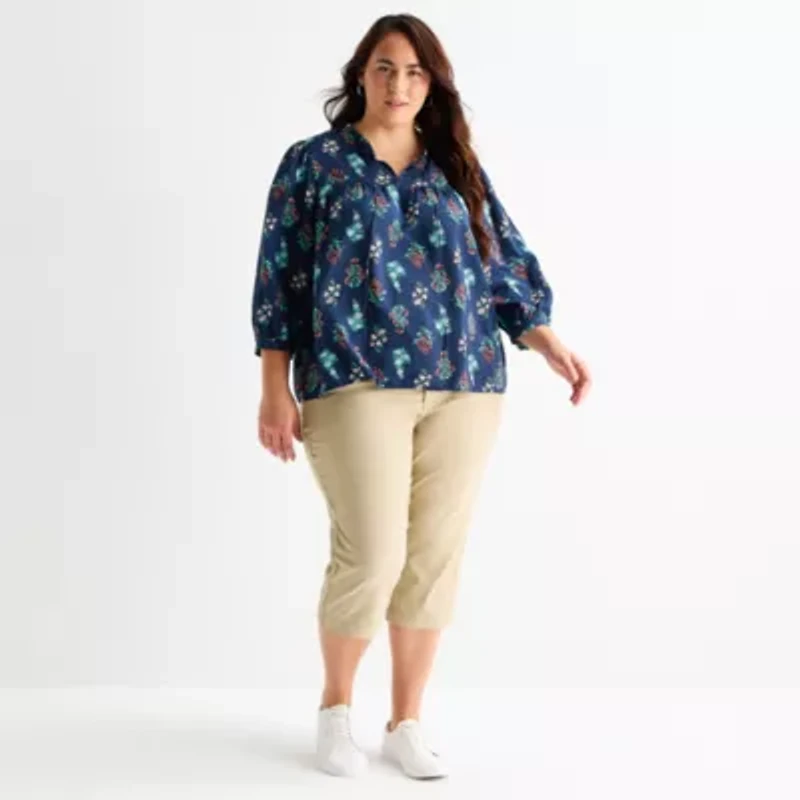 St. John's Bay Womens Plus V Neck 3/4 Sleeve Blouse