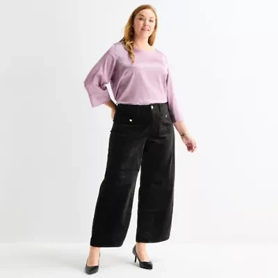 Liz Claiborne Womens Plus Wide Leg Mid Rise Velvet Pull-On Pant