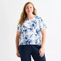 Liz Claiborne Plus Womens Crew Neck Short Sleeve Floral Pullover Sweater