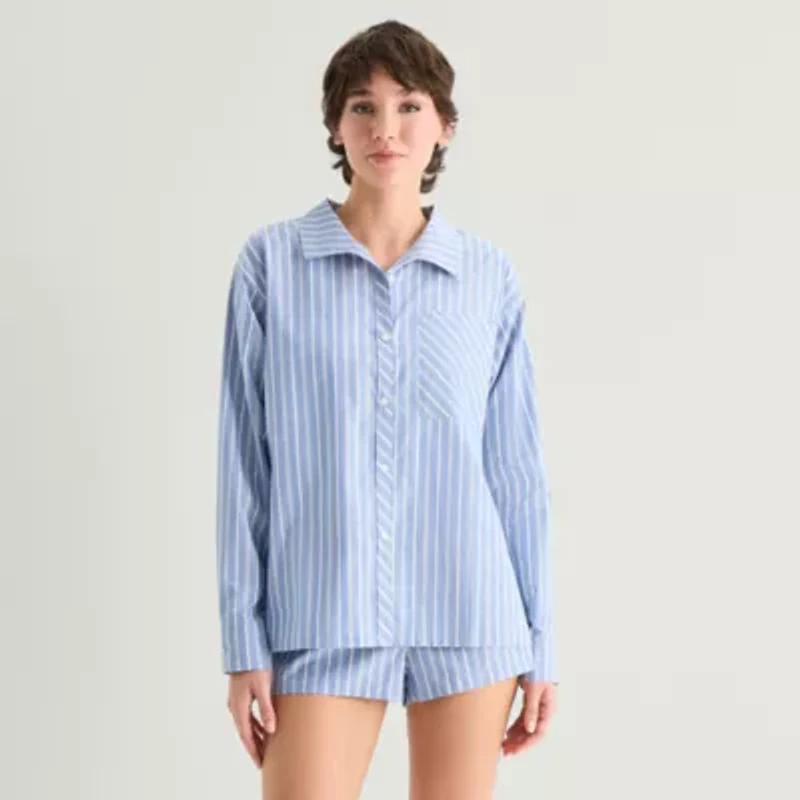 Arizona Body Womens Poplin Long Sleeve Juniors Pajama Top