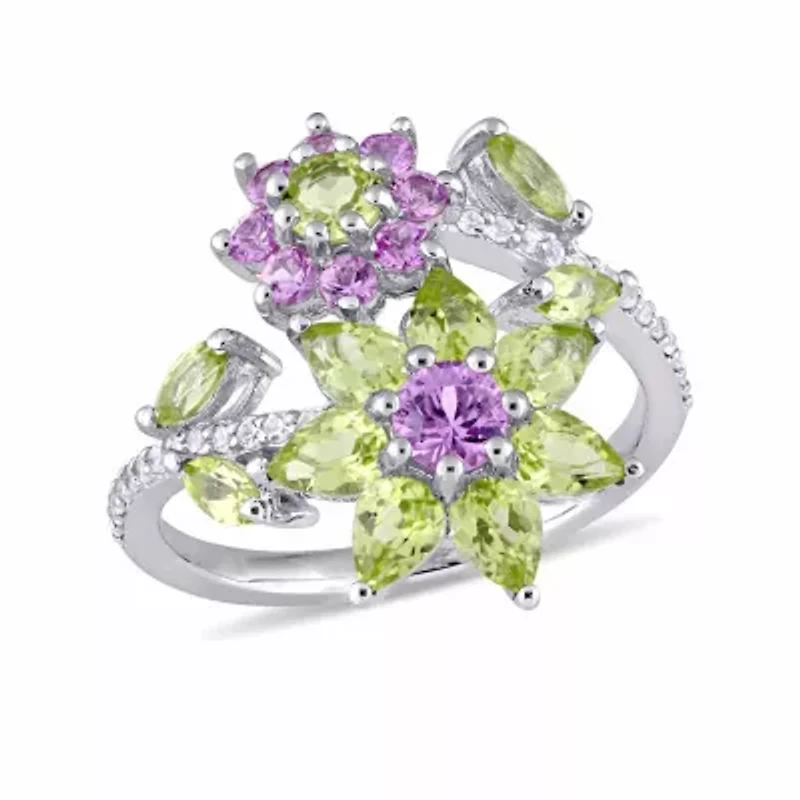 Laura Ashley Womens Genuine Green Peridot Sterling Silver Flower Cocktail Ring