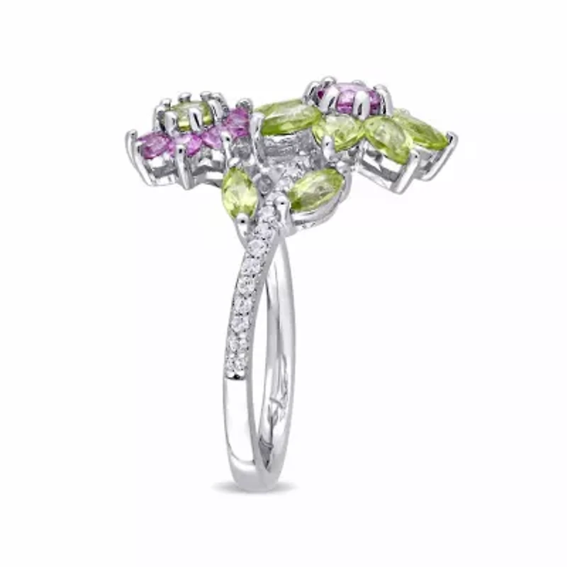 Laura Ashley Womens Genuine Green Peridot Sterling Silver Flower Cocktail Ring
