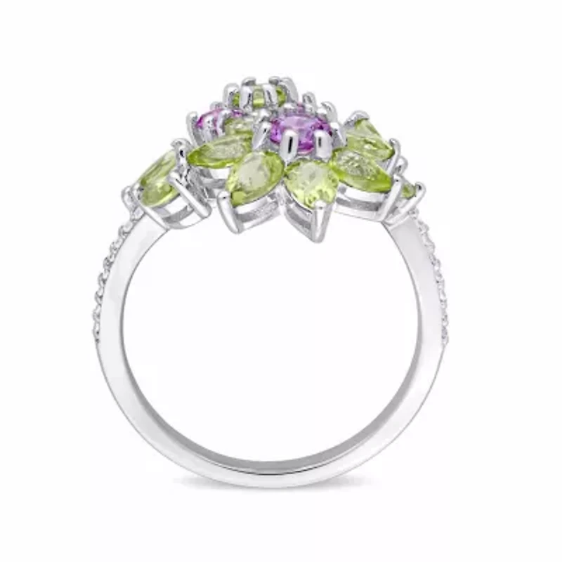 Laura Ashley Womens Genuine Green Peridot Sterling Silver Flower Cocktail Ring