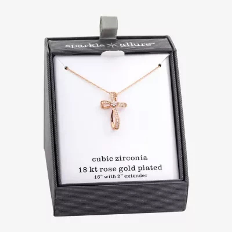 Sparkle Allure Womens Cubic Zirconia 18K Rose Gold Over Brass Cross 16 Inch Pendant Necklace