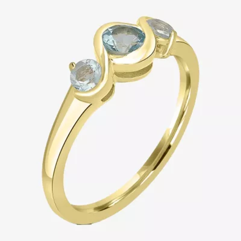 Silver Treasures Genuine Stone Womens 2MM Blue Topaz 14K Gold Over 3-Stone Band