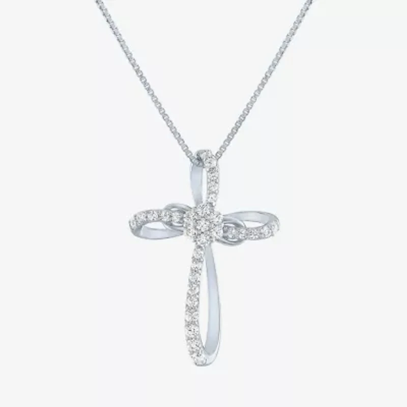 Diamond Blossom Womens 1/4 CT. T.W. Natural White Diamond Sterling Silver Cross 18 Inch Pendant Necklace
