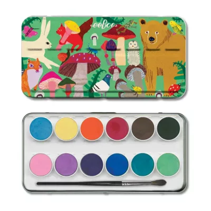 Eeboo Mushroom Watercolors Paint Set/12 Colors 2-pc. Coloring Set