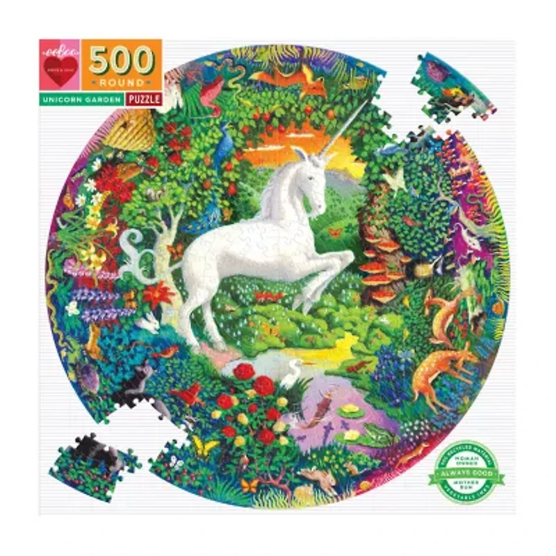 Eeboo Piece And Love Unicorn Garden 500 Piece Round Circle Jigsaw 500-pc. Puzzle
