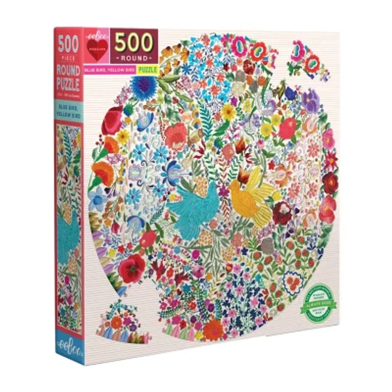 Eeboo Piece And Love Blue Bird Yellow Bird 500 Piece Adult   Round Jigsaw 500-pc. Puzzle