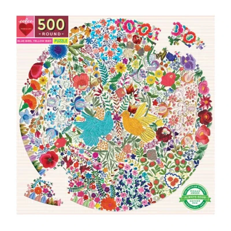 Eeboo Piece And Love Blue Bird Yellow Bird 500 Piece Adult   Round Jigsaw 500-pc. Puzzle