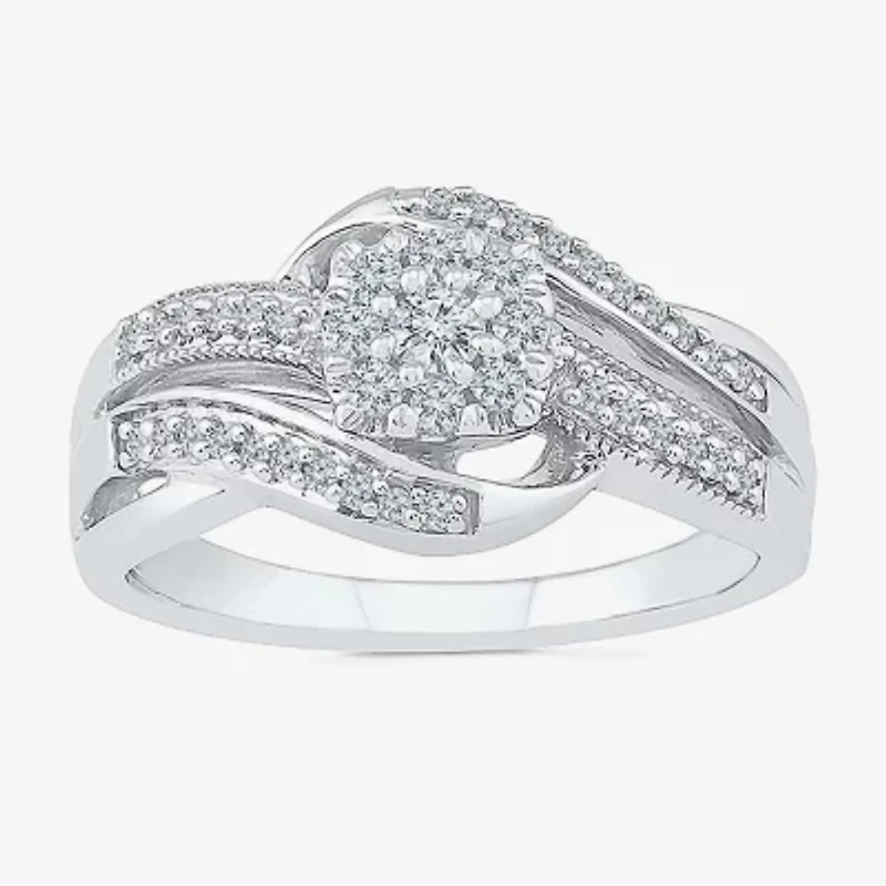 Womens 1/3 CT. T.W. Natural White Diamond Sterling Silver Round Cushion Side Stone Crossover Engagement Ring
