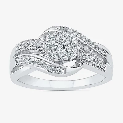 Womens 1/3 CT. T.W. Natural White Diamond Sterling Silver Round Cushion Side Stone Crossover Engagement Ring