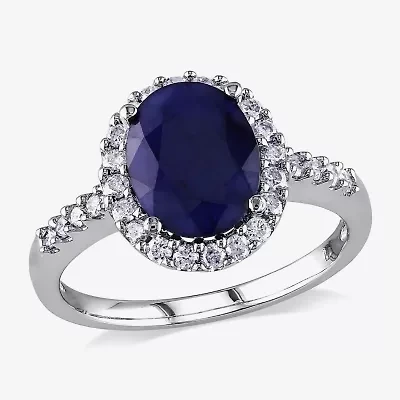 Modern Bride Gemstone Womens 3/8 CT. T.W. Genuine Blue Sapphire 14K White Gold Oval Side Stone Halo Engagement Ring