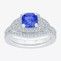 Modern Bride Gemstone Womens Blue & White Lab Created Sapphire Sterling Silver Bridal Set