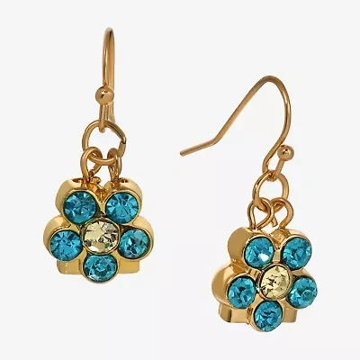 1928 Gold Tone & Aqua Womens Green Crystal Flower Drop Earrings