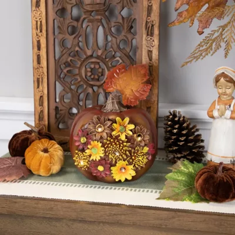 Northlight "8"" Lighted Solar Powered Floral Fall Harvest Pumpkin Outdoor Decoration" Thanksgiving Yard Art
