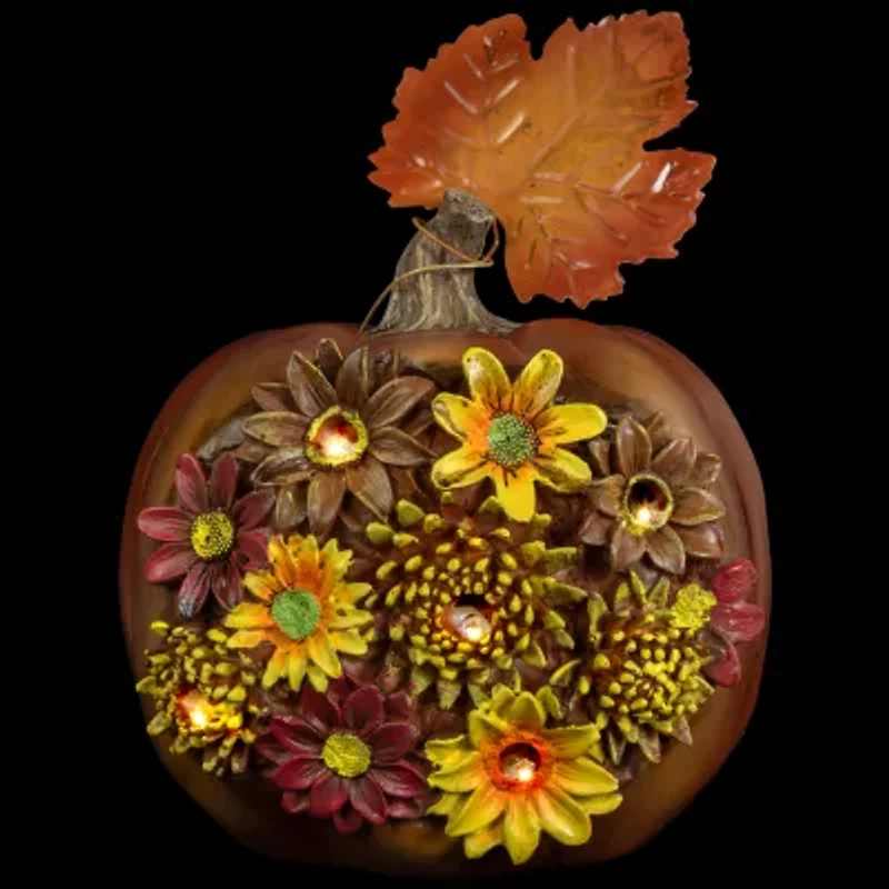 Northlight "8"" Lighted Solar Powered Floral Fall Harvest Pumpkin Outdoor Decoration" Thanksgiving Yard Art