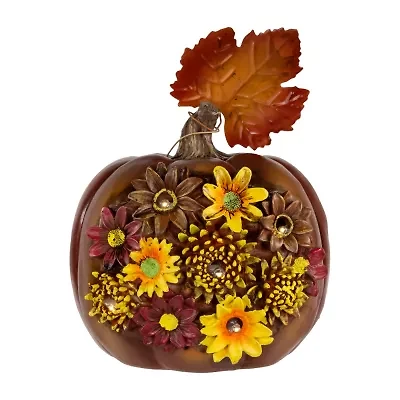 Northlight 8in Lighted Solar Powered Floral Fall Harvest Pumpkin Outdoor Decoration Thanksgiving Yard Art