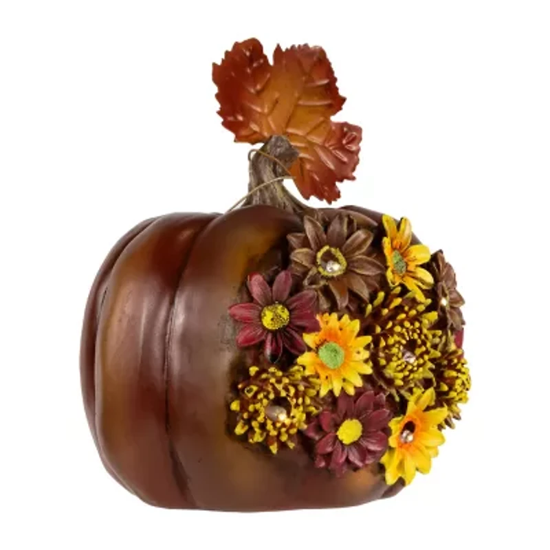 Northlight "8"" Lighted Solar Powered Floral Fall Harvest Pumpkin Outdoor Decoration" Thanksgiving Yard Art