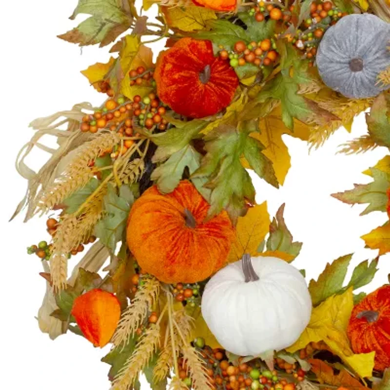Northlight Velvet Pumpkins And Wheat Artificial Fall Harvest 24-Inch Unlit Wreath