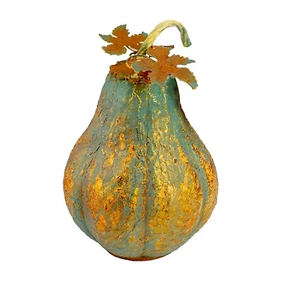 Northlight 14" Orange And Gold Elongated Autumn Pumpkin Metal Thanksgiving Tabletop Decor