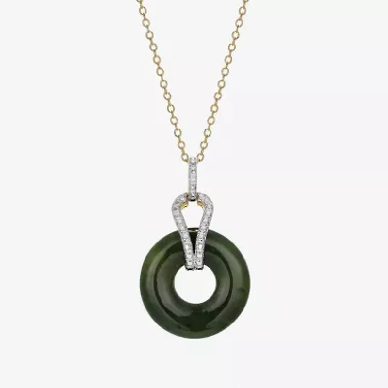 Womens Diamond Accent Genuine Green Jade 18K Gold Over Silver Circle 18 Inch Pendant Necklace