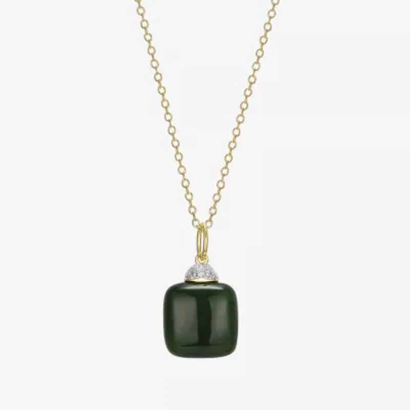 Womens Diamond Accent Genuine Green Jade 18K Gold Over Silver Cushion 18 Inch Pendant Necklace