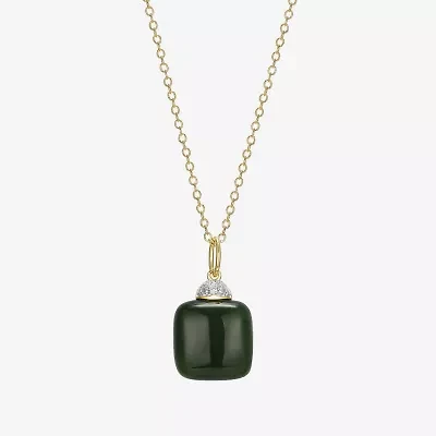 Womens Diamond Accent Genuine Green Jade 18K Gold Over Silver Cushion 18 Inch Pendant Necklace