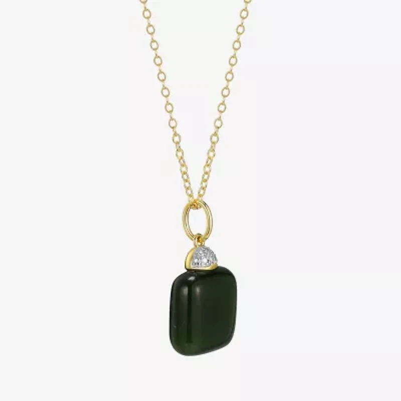 Womens Diamond Accent Genuine Green Jade 18K Gold Over Silver Cushion 18 Inch Pendant Necklace