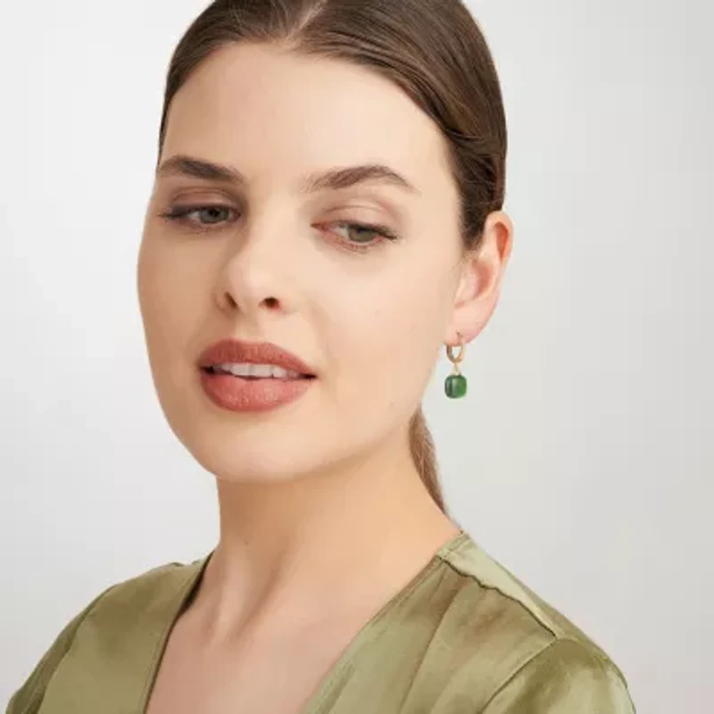 Womens Diamond Accent Genuine Green Jade 18K Gold Over Silver Cushion Drop Earrings