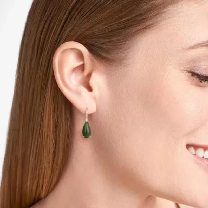 Womens Diamond Accent Genuine Green Jade 18K Gold Over Silver Pear Drop Earrings