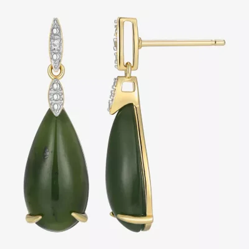 Womens Diamond Accent Genuine Green Jade 18K Gold Over Silver Pear Drop Earrings