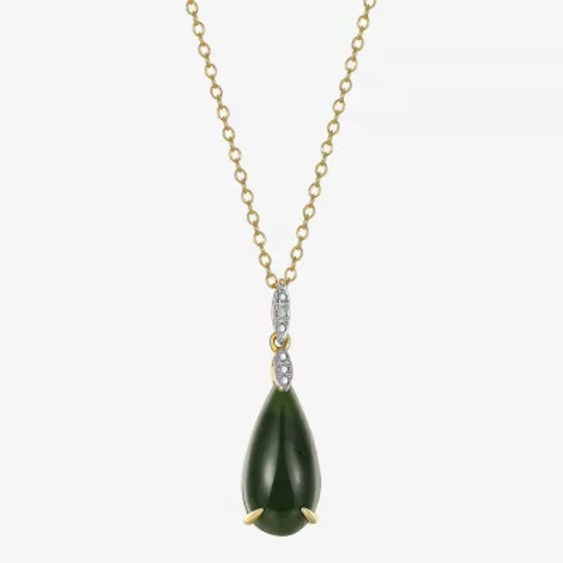 Womens Diamond Accent Genuine Green Jade 18K Gold Over Silver Pear 18 Inch Pendant Necklace