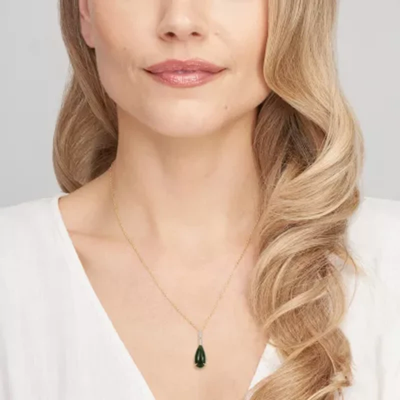 Womens Diamond Accent Genuine Green Jade 18K Gold Over Silver Pear 18 Inch Pendant Necklace