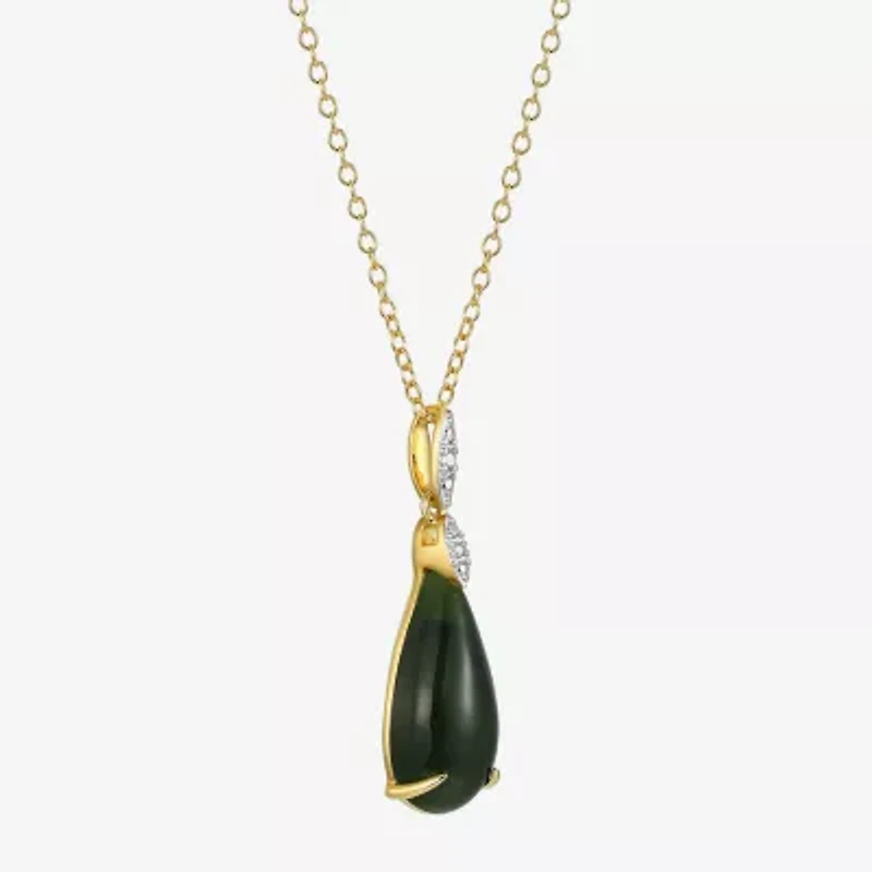 Womens Diamond Accent Genuine Green Jade 18K Gold Over Silver Pear 18 Inch Pendant Necklace
