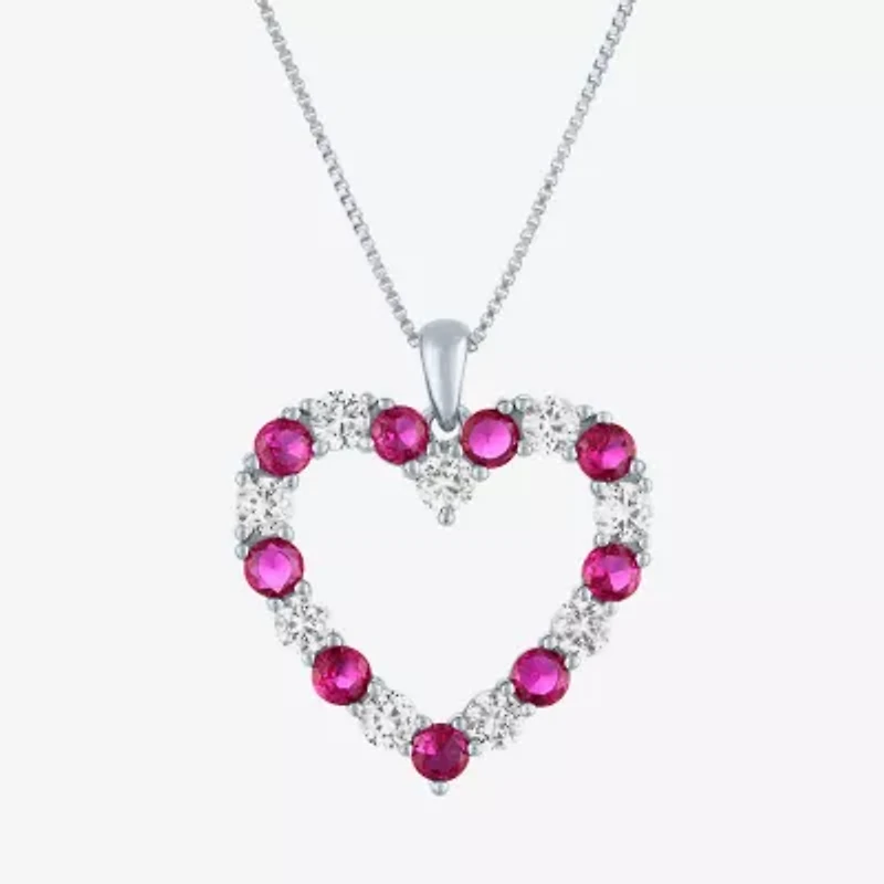 Womens Lab Created Red Ruby Sterling Silver Heart Inch Pendant Necklace