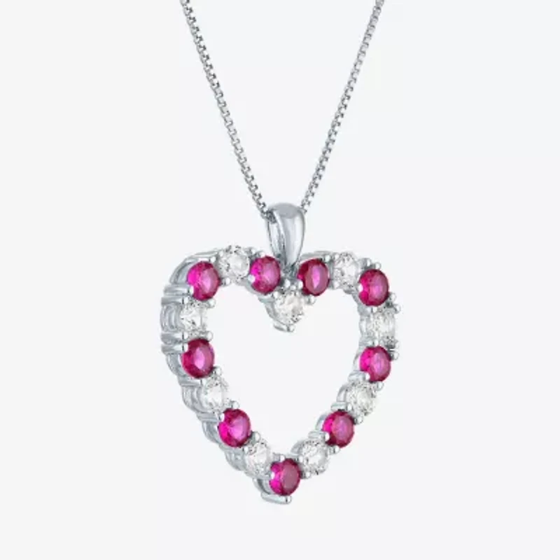 Womens Lab Created Red Ruby Sterling Silver Heart Inch Pendant Necklace