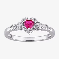 Womens Diamond Accent Lab Created Red Ruby Sterling Silver Heart Cocktail Ring