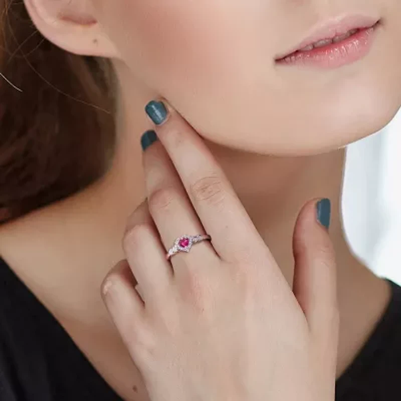 Womens Diamond Accent Lab Created Red Ruby Sterling Silver Heart Cocktail Ring