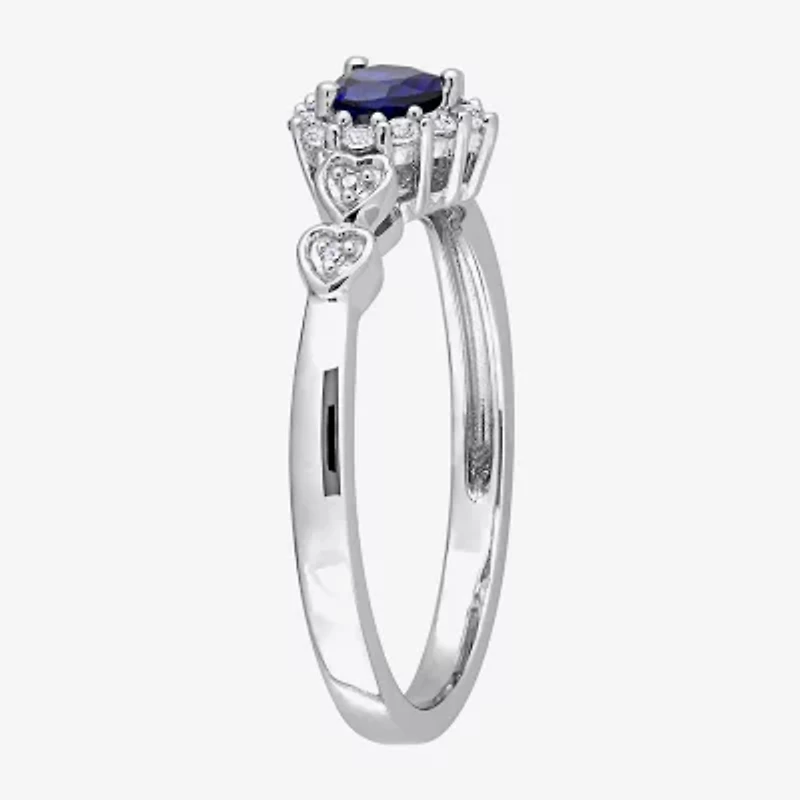 Womens Diamond Accent Lab Created Blue Sapphire Sterling Silver Heart Cocktail Ring