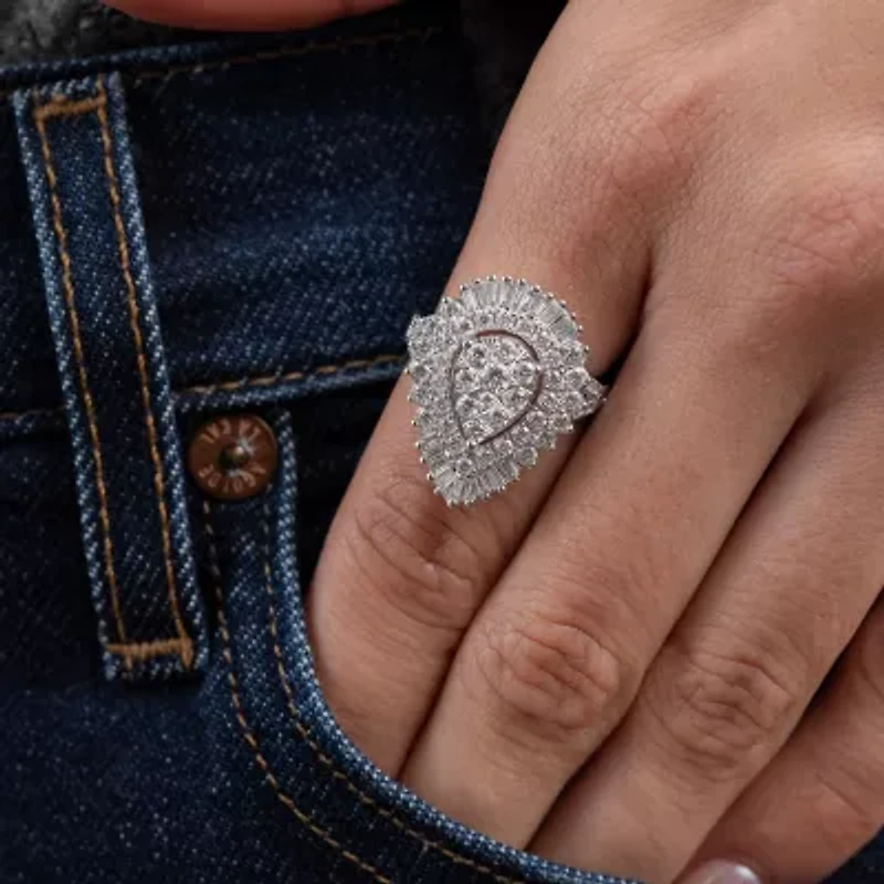 (G / Si2) Womens 21.5MM Lab Grown Diamond 14K White Gold Pear Cluster Band