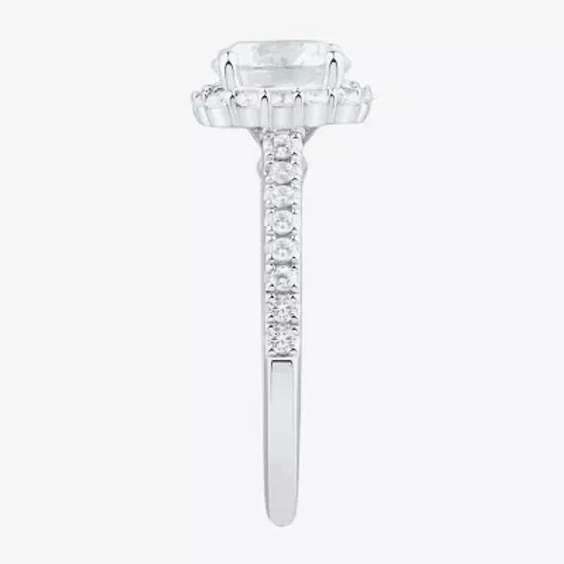 (H-I / Si1-Si2) Womens 2 CT. T.W. Lab Grown White Diamond 10K Gold Round Side Stone Halo Engagement Ring