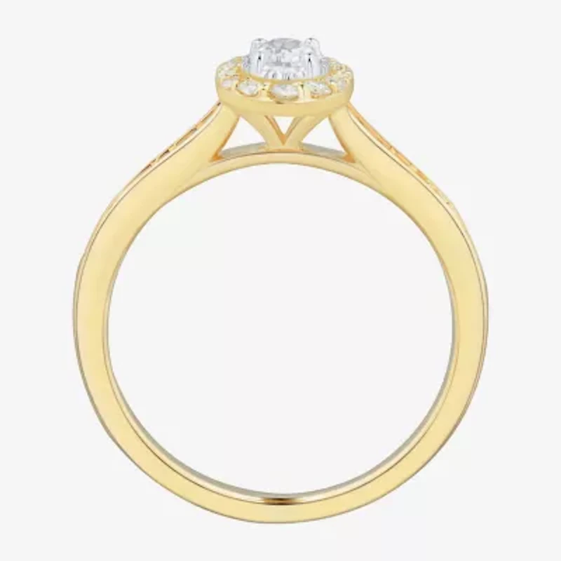 (H-I / Si1-Si2) Womens 1/2 CT. T.W. Lab Grown White Diamond 10K Gold Oval Side Stone Halo Engagement Ring
